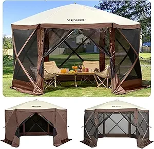 VEVOR Camping Gazebo Screen Tent, 12x12ft, Brown/Beige | 6 Sided Pop-up Canopy, Mesh Windows, Portable Carry Bag & Stakes, Large Shade for Outdoor Camping